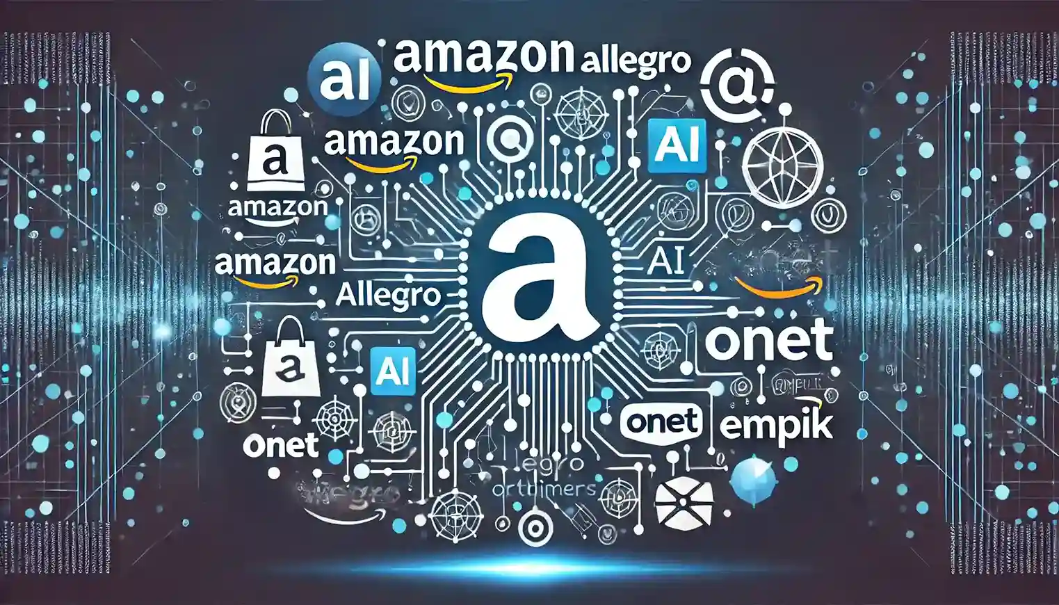 Ilustracja przedstawiająca, jak marki globalne i polskie, takie jak Amazon, Allegro, Onet i Empik, wykorzystują AI crawlery w praktyce. Obraz symbolizuje proces optymalizacji treści przez AI, z siecią cyfrowych połączeń i nowoczesnym motywem technologii, reprezentującym automatyczne indeksowanie treści i personalizację rekomendacji. Utrzymana w profesjonalnych kolorach ilustracja wskazuje na zaawansowaną integrację AI w strategiach SEO.