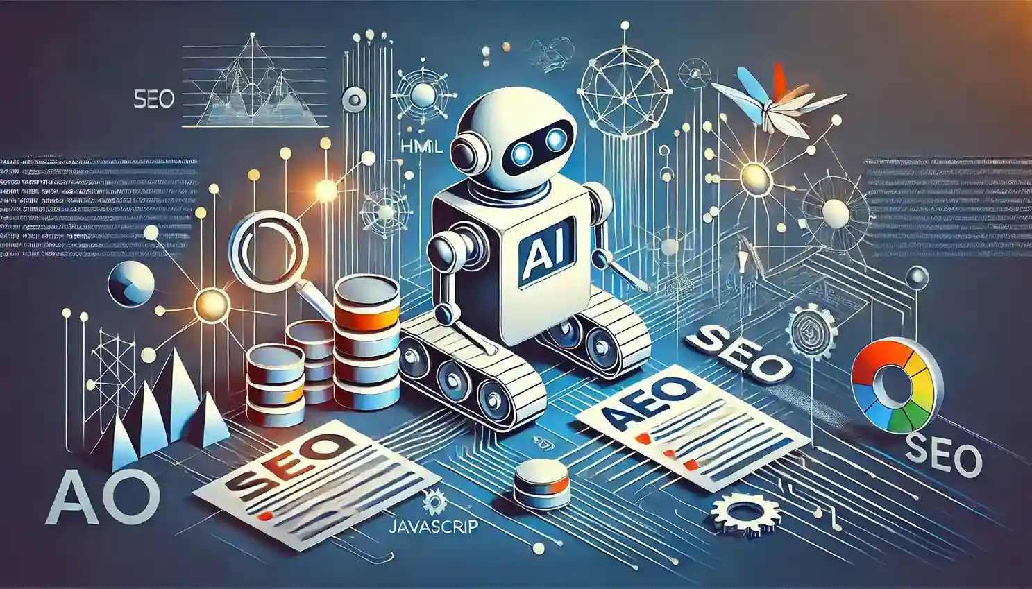 Abstrakcyjna ilustracja pokazująca wpływ AI crawlerów na SEO. Obraz przedstawia roboty skanujące cyfrową zawartość, taką jak HTML, JavaScript i obrazy, zintegrowane z siecią struktur map witryn i symbolami technicznymi. Ilustracja podkreśla crawlability, indexability oraz rozwiązywanie problemów technicznych, takich jak błędy 404.