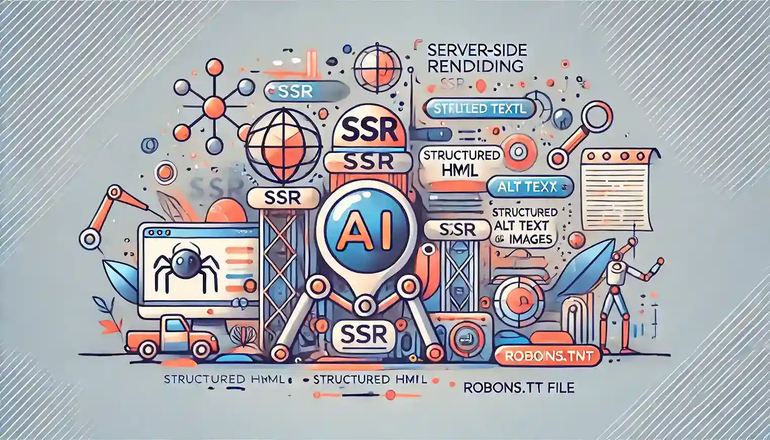 Ilustracja przedstawiająca optymalizację witryny pod AI crawlery. Obraz symbolizuje renderowanie po stronie serwera (SSR), strukturalny HTML, alt text dla obrazów oraz zarządzanie plikiem robots.txt. Projekt podkreśla techniczne dostosowania i profesjonalne wsparcie w optymalizacji witryny.