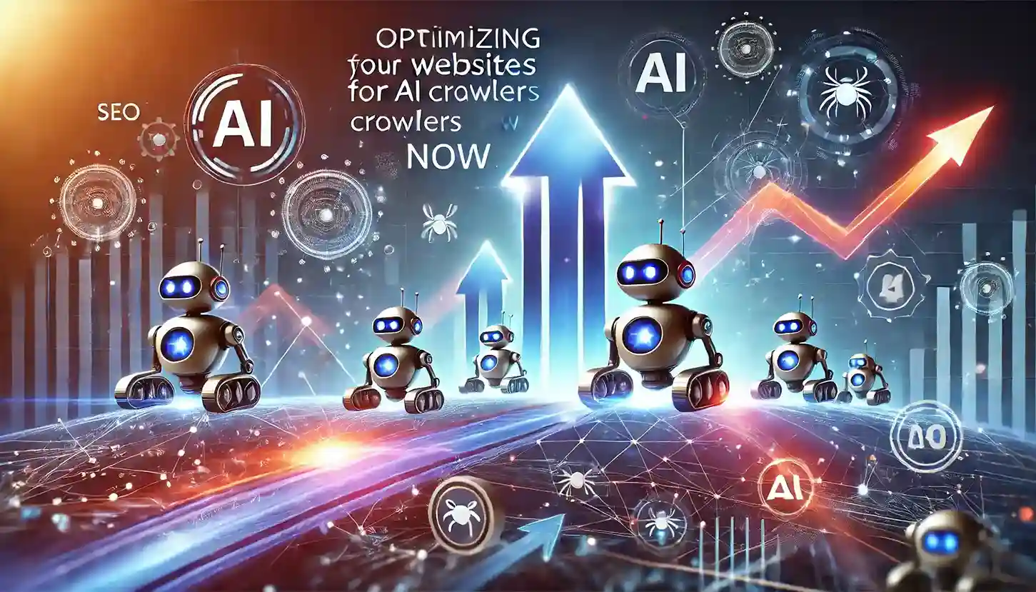 Futurystyczna ilustracja podkreślająca znaczenie optymalizacji witryn dla AI crawlerów już teraz. Obraz przedstawia cyfrową sieć, boty indeksujące oraz strzałki wskazujące wzrost i przewagę konkurencyjną. Projekt symbolizuje rozwój, widoczność i nowe możliwości marketingowe dzięki integracji AI i SEO.