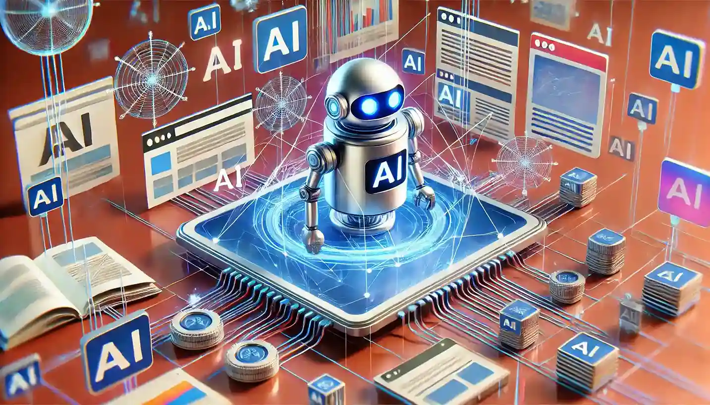 Abstrakcyjna ilustracja przedstawiająca AI crawlery indeksujące strony internetowe. W centralnej części obrazu widoczna jest cyfrowa sieć połączonych węzłów, symbolizująca relacje między stronami. Tło obrazu utrzymane w odcieniach niebieskiego i szarości podkreśla nowoczesność i zaawansowaną technologię. Kompozycja ukazuje przepływ danych i procesy związane z optymalizacją witryn dla AI.