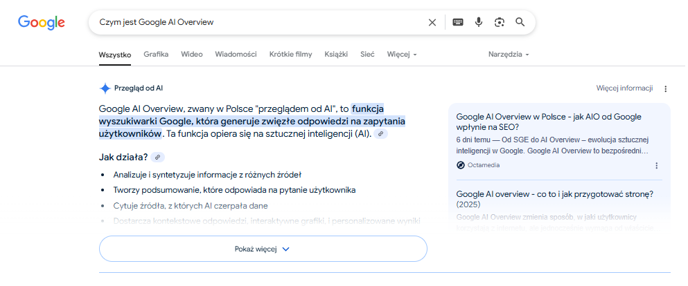 AI Overview tworzy odpowiedź łącząc dane z wielu źródeł.